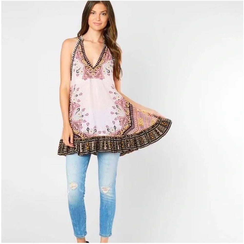 Free People Pink Paisley Halter Tunic with Black Trim